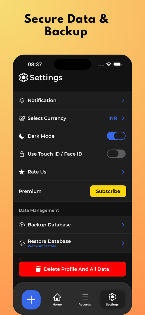 FD-Manager settings interface for managing notifications, security, and database backups.