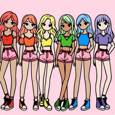 a group of girls wearing crop tops and shorts