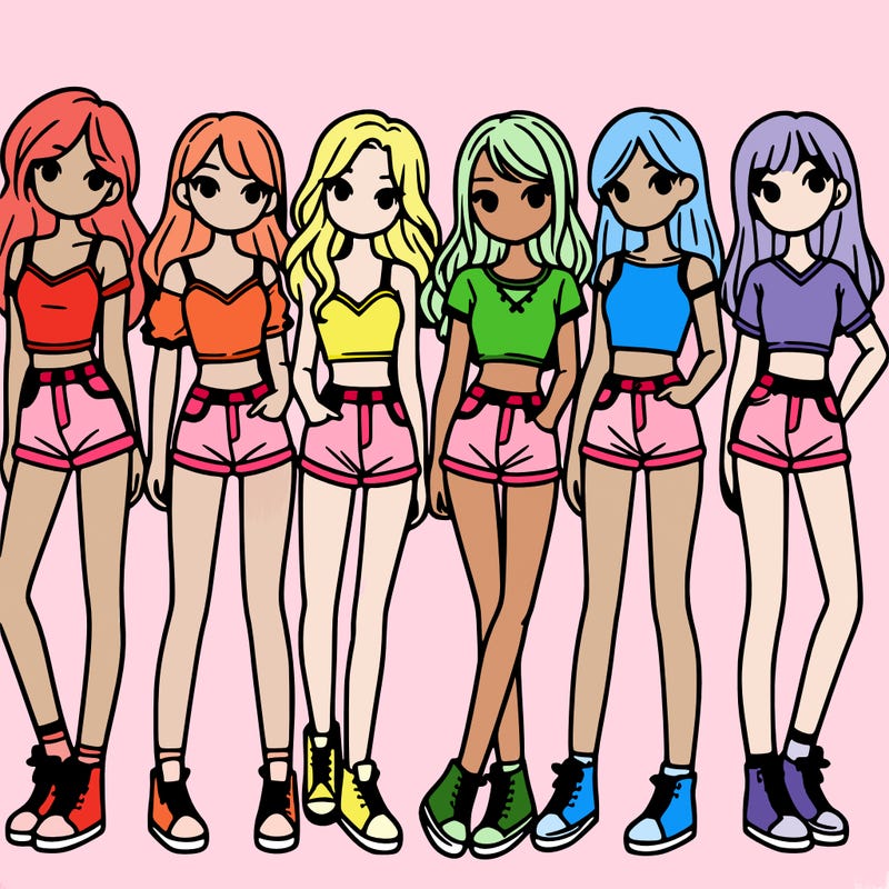 a group of girls wearing crop tops and shorts