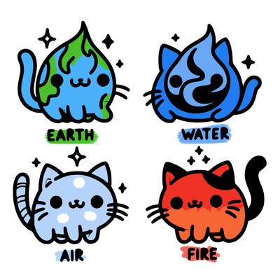 4 cats that represent the different elements, earth, water, air, and fire