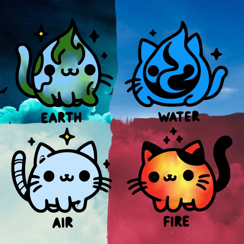 4 cats that represent the different elements, earth, water, air, and fire