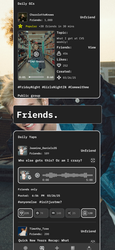 GroupChats - Pantalla de la aplicación móvil para GroupChats que muestra actualizaciones de la comunidad y actividades de amigos.