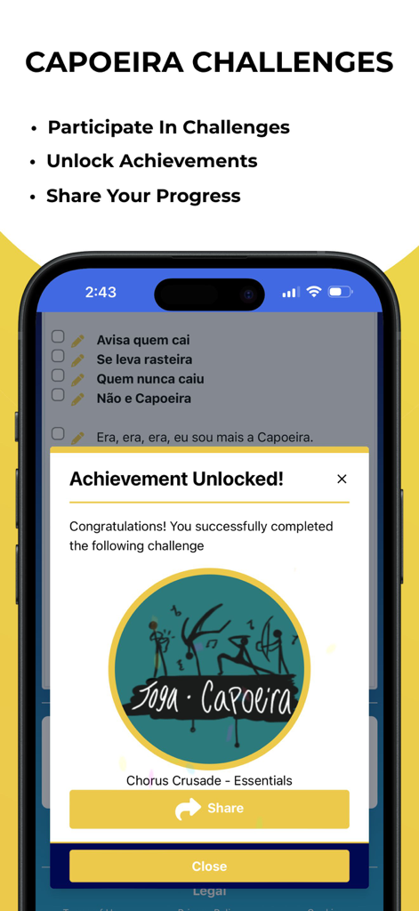 Capoeira Journal - Capoeira Journal app interface showing a successfully unlocked achievement for a chorus crusade challenge