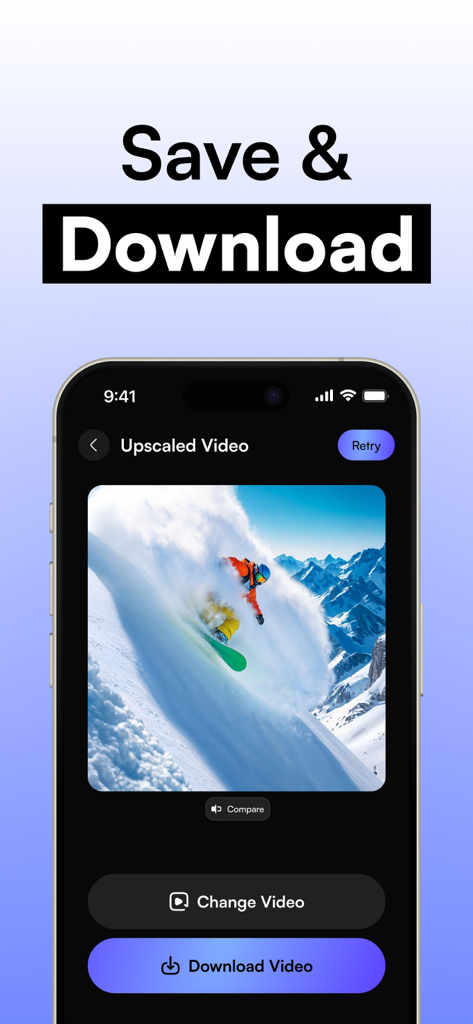 AI Upscale Video・4K Upscaler - Interface d'application mobile montrant un aperçu de vidéo améliorée avec des options d'enregistrement et de téléchargement.