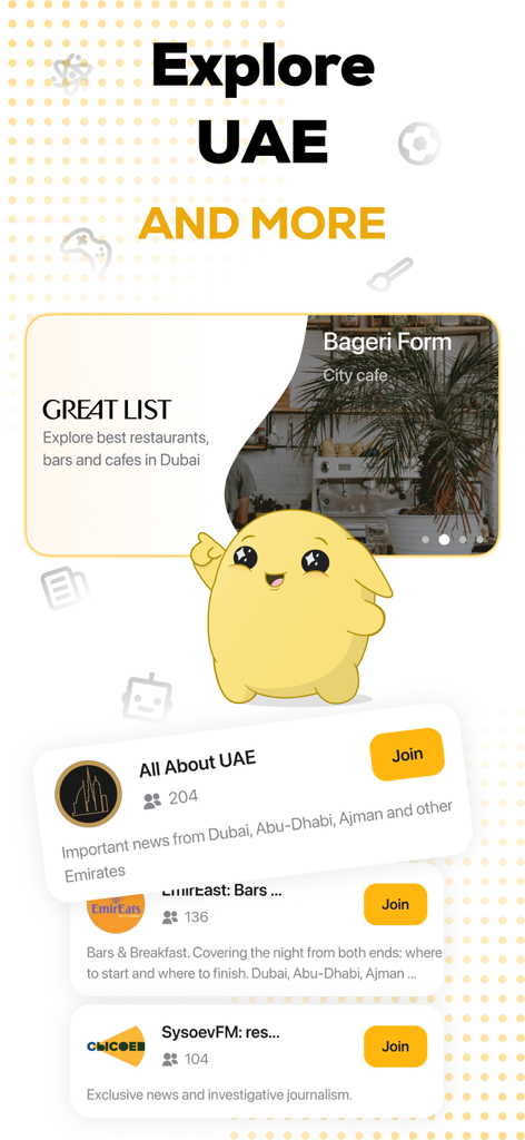 Schermata di Tawasal SuperApp che mostra la funzione Esplora Emirati Arabi Uniti con canali di notizie locali e raccomandazioni di ristoranti