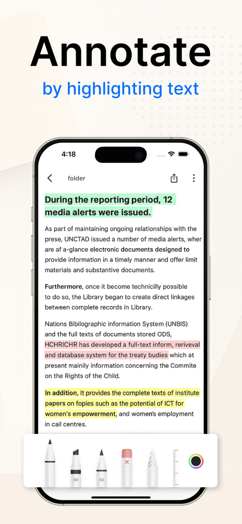 Photo to PDF converter scan. - Una pantalla de smartphone que muestra la aplicación eScanner con un documento que contiene texto resaltado en varios colores y varias herramientas de anotación en la parte inferior.