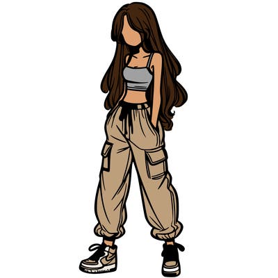 girl in baggy pants crop top and long hair