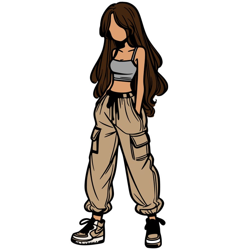 girl in baggy pants crop top and long hair