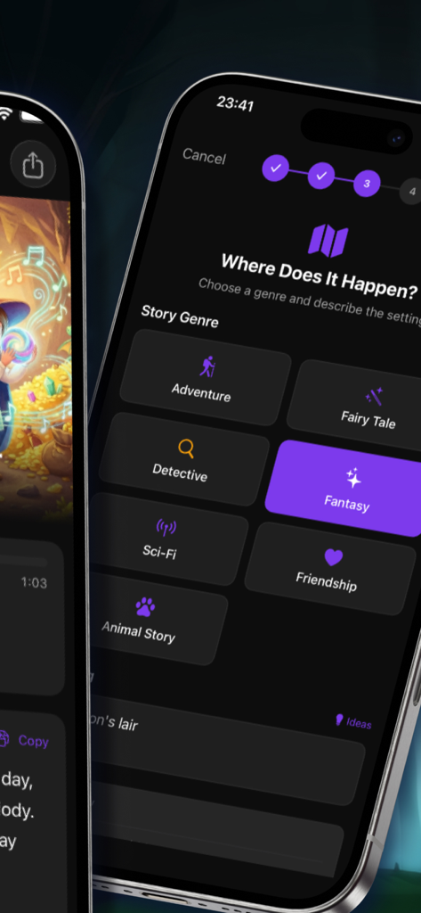 Interface of the Little Story Maker app showing options to choose a story genre including Adventure Fairy Tale and Fantasy