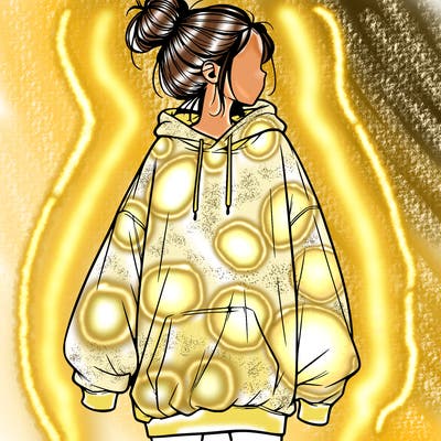 realistic girl with a oversized sweatshirt on and a bun