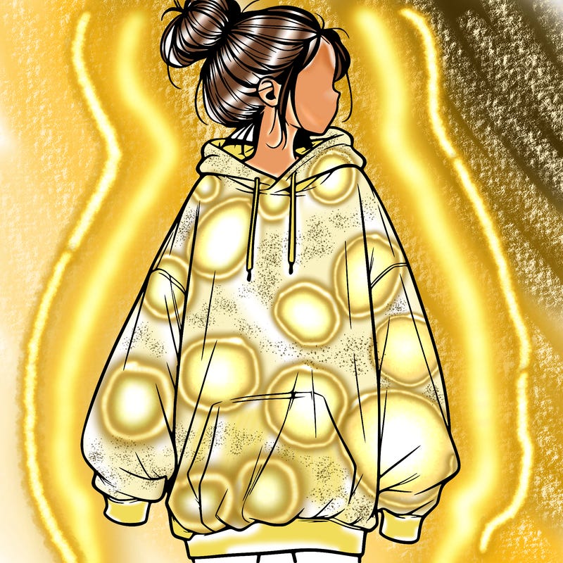 realistic girl with a oversized sweatshirt on and a bun