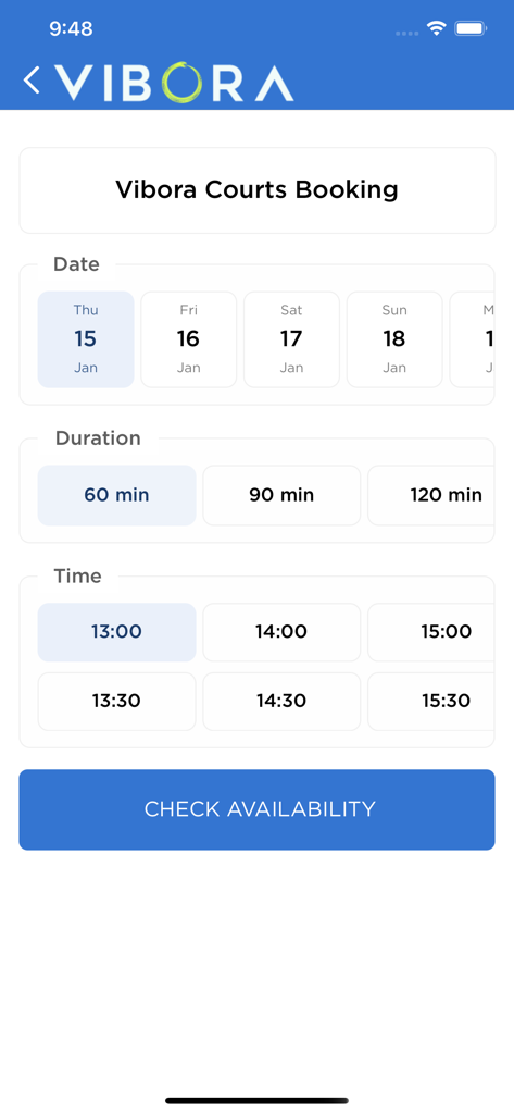 Vibora Padel Club - Vibora Padel Club app interface for court booking showing date, duration, and time selection options