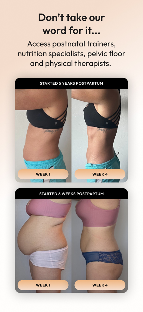 Natal - Pregnancy & Postpartum - Before and after transformation photos of postpartum women using the Natal app after 4 weeks