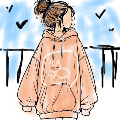 realistic girl with a oversized sweatshirt on and a bun