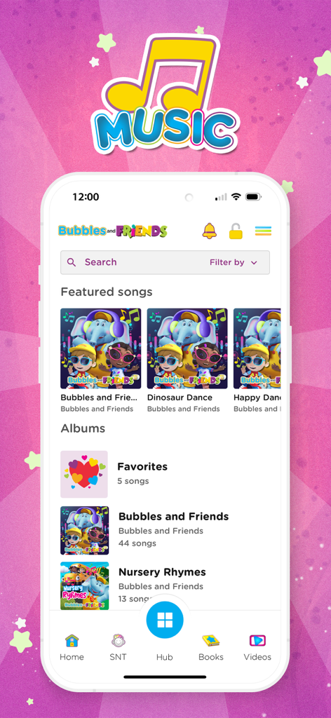 Bubbles and Friends 앱 인터페이스, 어린이용 인기 노래 및 동요 앨범을 보여줍니다.