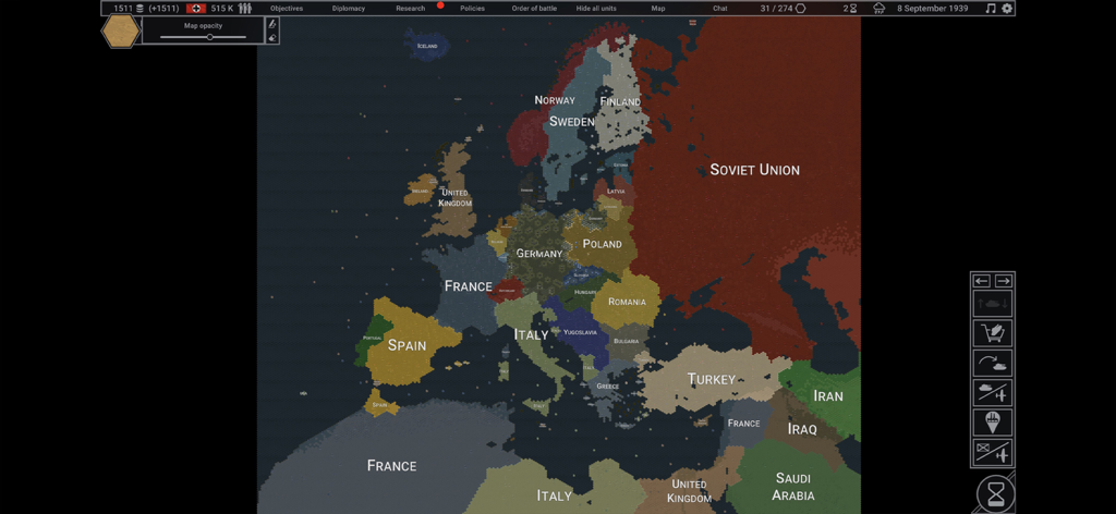 Hex of Steel - A strategic map view of Europe in the Hex of Steel WWII wargame showing various nations and military borders