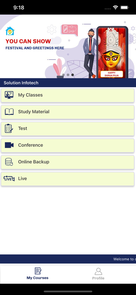 DTH Player - DTH Player app home screen showing a menu with options for My Classes, Study Material, Tests, Conferences, and Live sessions.