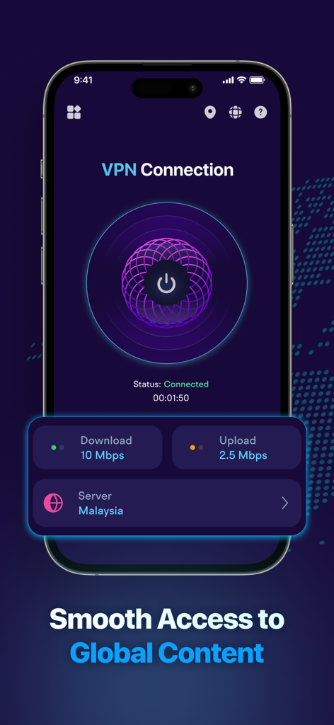 マレーシアのサーバーに接続されたSecure VPNアプリのiPhone表示、ダウンロードおよびアップロード速度が表示されています