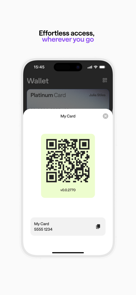 Screenshot of the Club Avolta app showing a digital platinum membership card with a QR code for easy airport access.