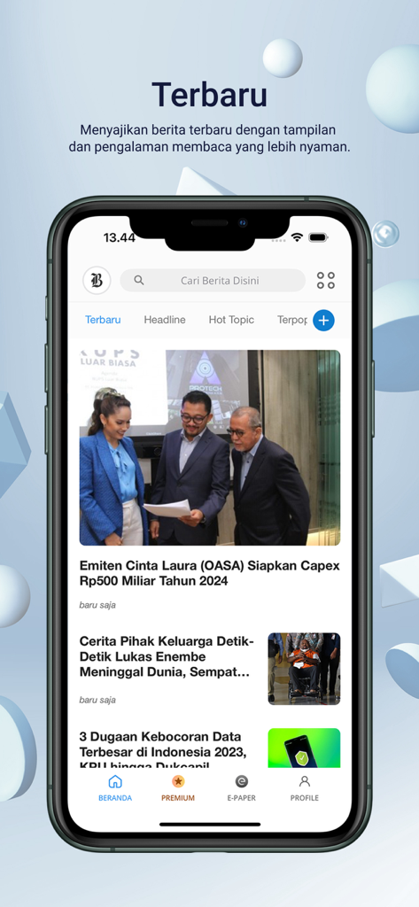 Mobile app interface of Bisnis.com showing the latest business and financial news feed