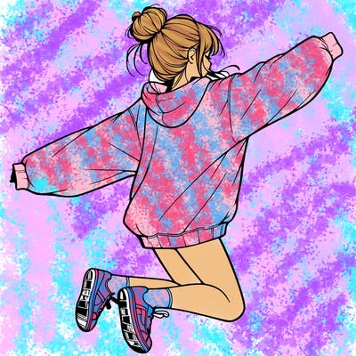 realistic girl jumping with a bun and oversized sweatshirt