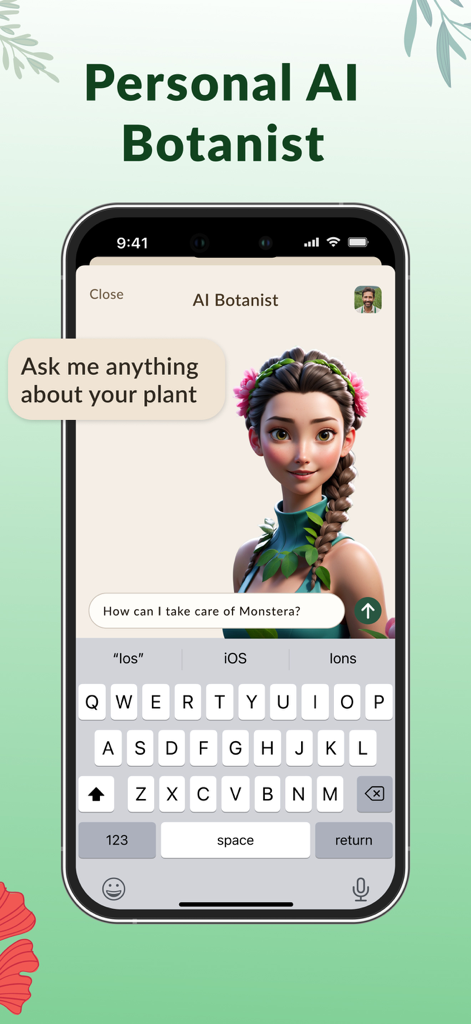 Plant Identification－Plantaria - Captura de pantalla de la aplicación Plantaria mostrando la interfaz de chat del Botánico Personal con IA para preguntas sobre el cuidado de las plantas