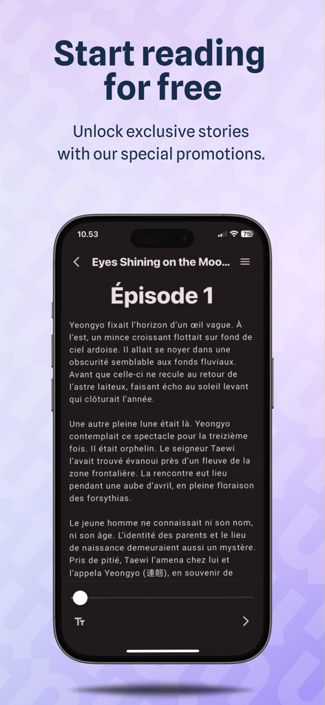 Narae - Web novels & Romance - Una schermata di telefono cellulare che mostra un episodio di romanzo web francese nell'app di romance Narae