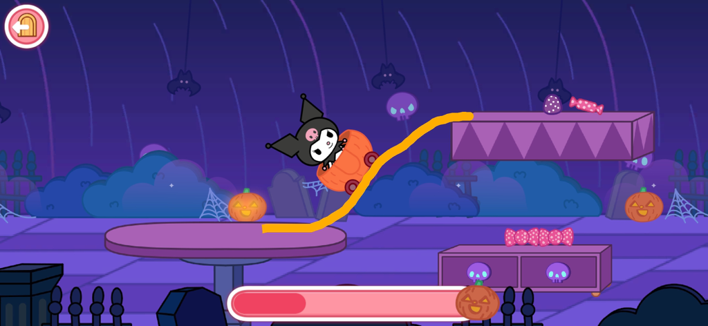 Hello Kitty And Friends World - クロミが不気味なハロウィンをテーマにしたミニゲームのトラックでパンプキンカートに乗っている。