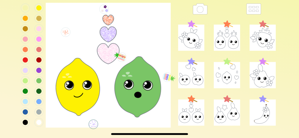 Fruit Coloring for Kid Toddler - Digital fruit coloring book interface for kids showing a yellow lemon and green lime with cute faces and a color palette