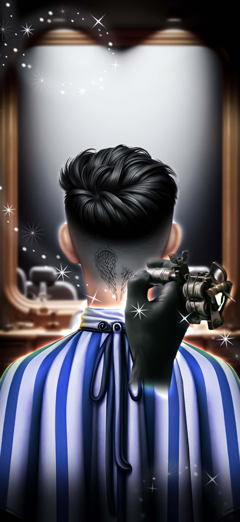 Hair Cuttery Barber Shop Games - スタイリングサロンで、プロのバーバーが顧客の首に翼のタトゥーデザインを施している。
