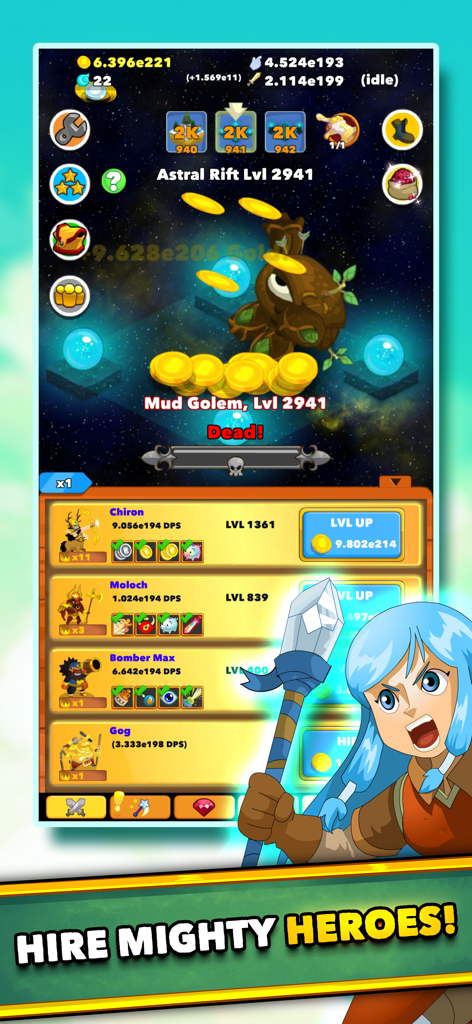 A gameplay screenshot of Clicker Heroes showing a defeated monster and a list of heroes to hire and level up