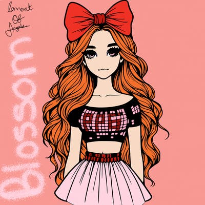realistic girl with a big bow and long hair, crop top with a skirt