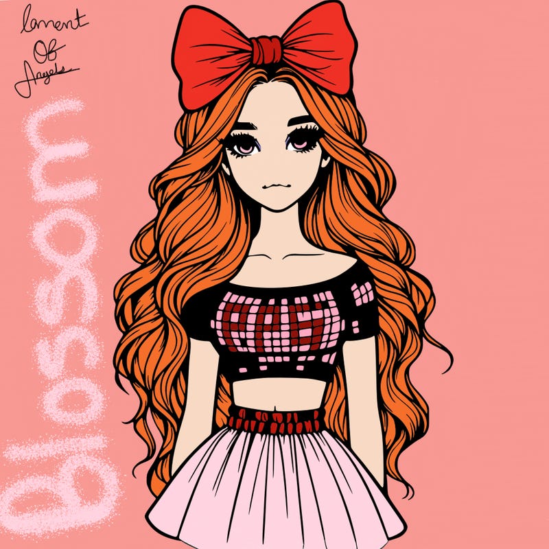 realistic girl with a big bow and long hair, crop top with a skirt