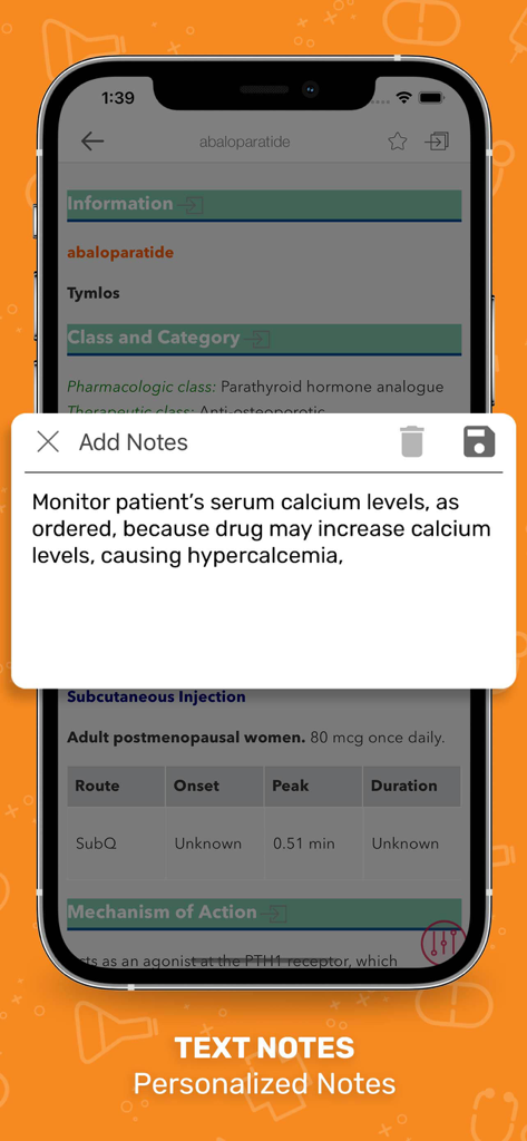 Nurse’s Drug Handbook - A mobile phone screen displaying the personalized text notes feature in the Nurses Drug Handbook app.