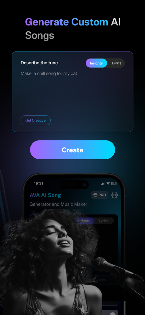 Interface do aplicativo para gerar músicas AI personalizadas mostrando um prompt de texto para fazer uma música relaxante para um gato e um grande botão criar.