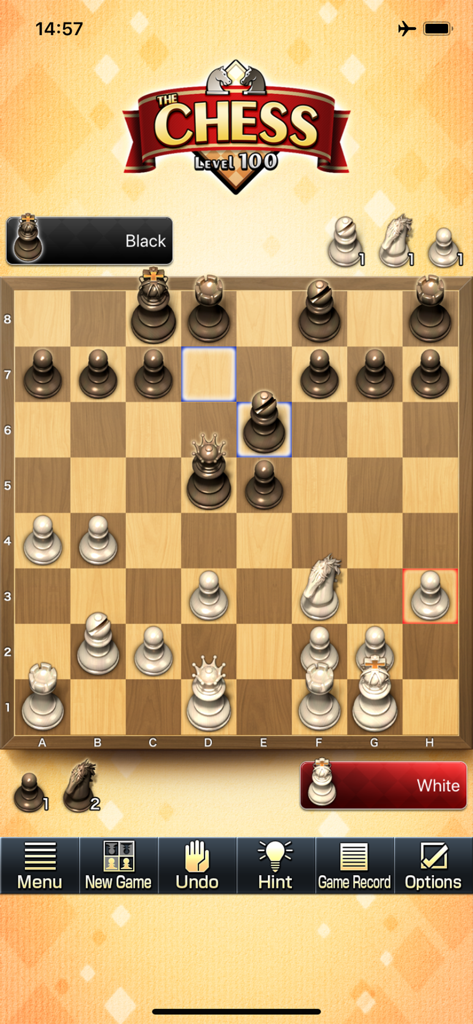Une partie stratégique en cours sur l'application The Chess Lv.100 montrant des pièces 3D de haute qualité et l'interface du jeu.