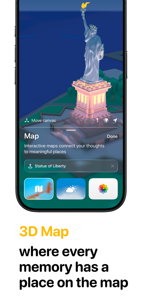 Ben Journal Digital Diary - Un mapa 3D interactivo en la aplicación Ben Journal que muestra un recuerdo fijado en la Estatua de la Libertad.