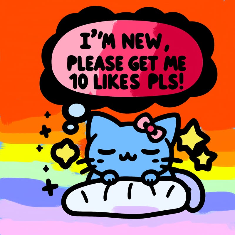 kitty taking a nap dream talking and saying "i'm new, please get me at least 10 likes pls!!"