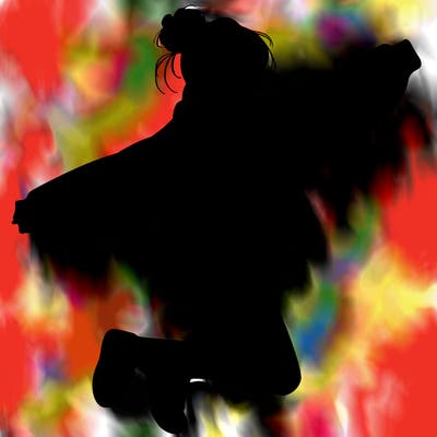 realistic girl jumping with a bun and oversized sweatshirt