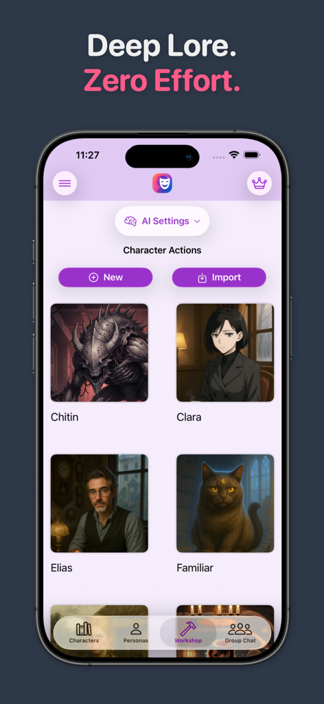 The Persona Chat app interface showing a character workshop gallery with various AI avatars including a monster anime girl and a cat.