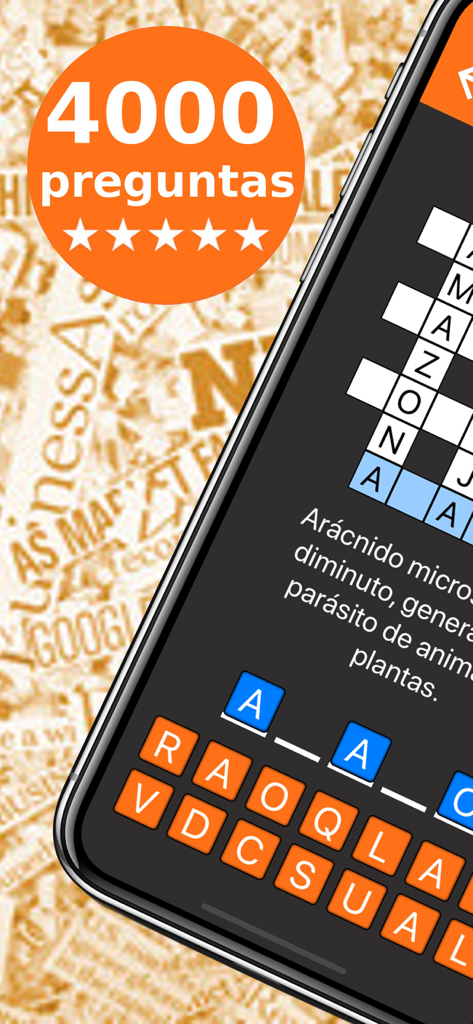 Crucigramas - Una interfaz móvil para una aplicación de crucigramas en español que muestra una cuadrícula, pistas y un teclado de letras