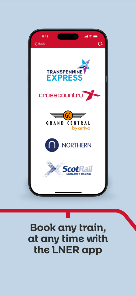 언제든 어떤 기차든 예약 가능한 ScotRail 및 Northern 등 여러 영국 기차 운영업체를 보여주는 LNER 앱 화면.