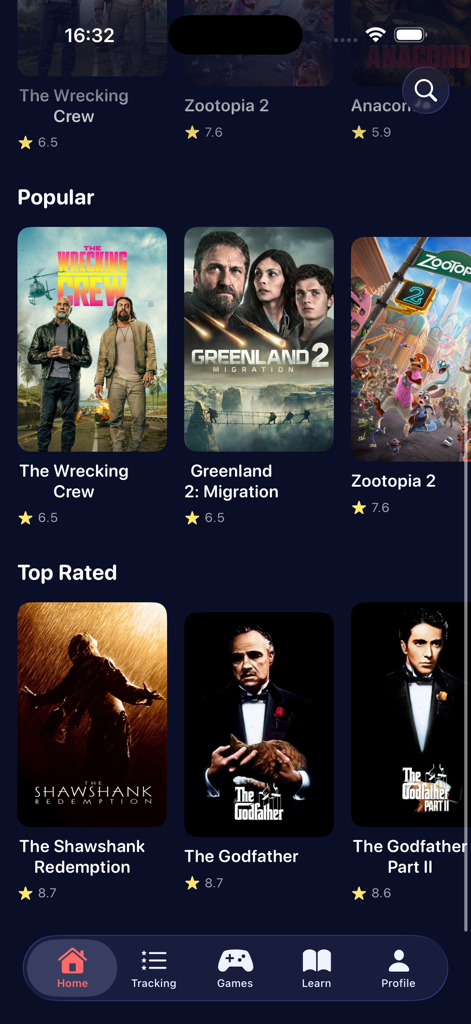 The home screen of the MovieMaster app displaying popular and top-rated movies with posters and user ratings in a dark theme UI.