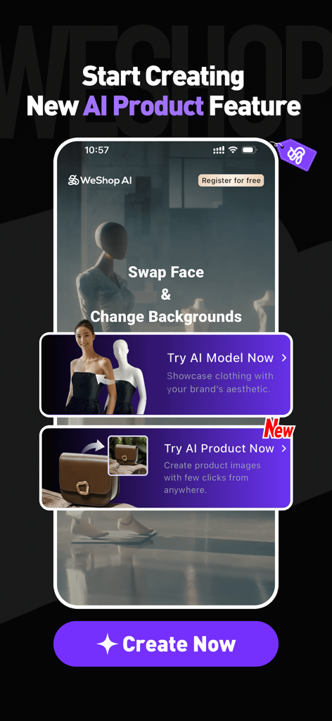 WeShop AI - Swap Face & BG - WeShop AI App-Bildschirm mit Optionen zur Generierung von KI-Models und Produktbildern für den E-Commerce