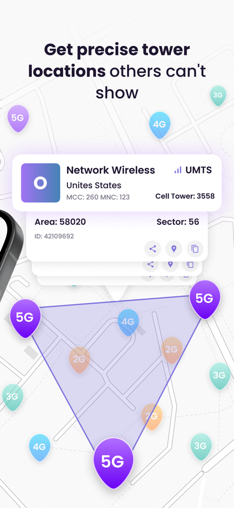 5G 4G 및 3G 셀 타워 위치와 상세한 네트워크 연결 데이터가 표시된 지도 모바일 앱 화면