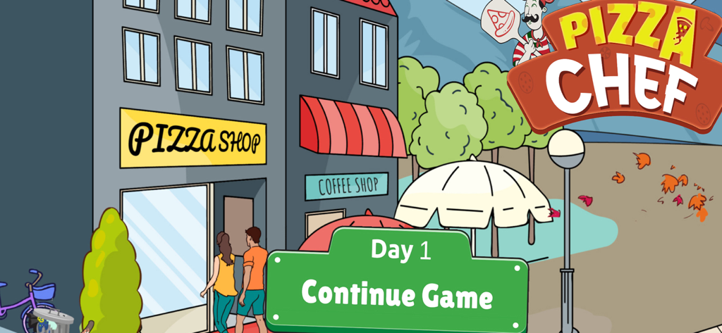 「ゲームを続ける」ボタンが表示されたピザ屋の入り口を示すカートゥーンの街並み。