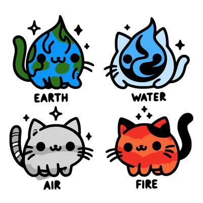 4 cats that represent the different elements, earth, water, air, and fire