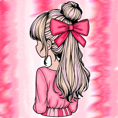 realistic girl  with hip length hair a bun and a big bow on the back of head