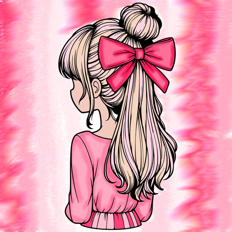 realistic girl  with hip length hair a bun and a big bow on the back of head