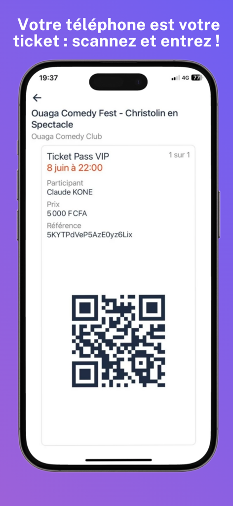 Sanbbiz 모바일 앱의 QR 코드가 있는 디지털 이벤트 티켓